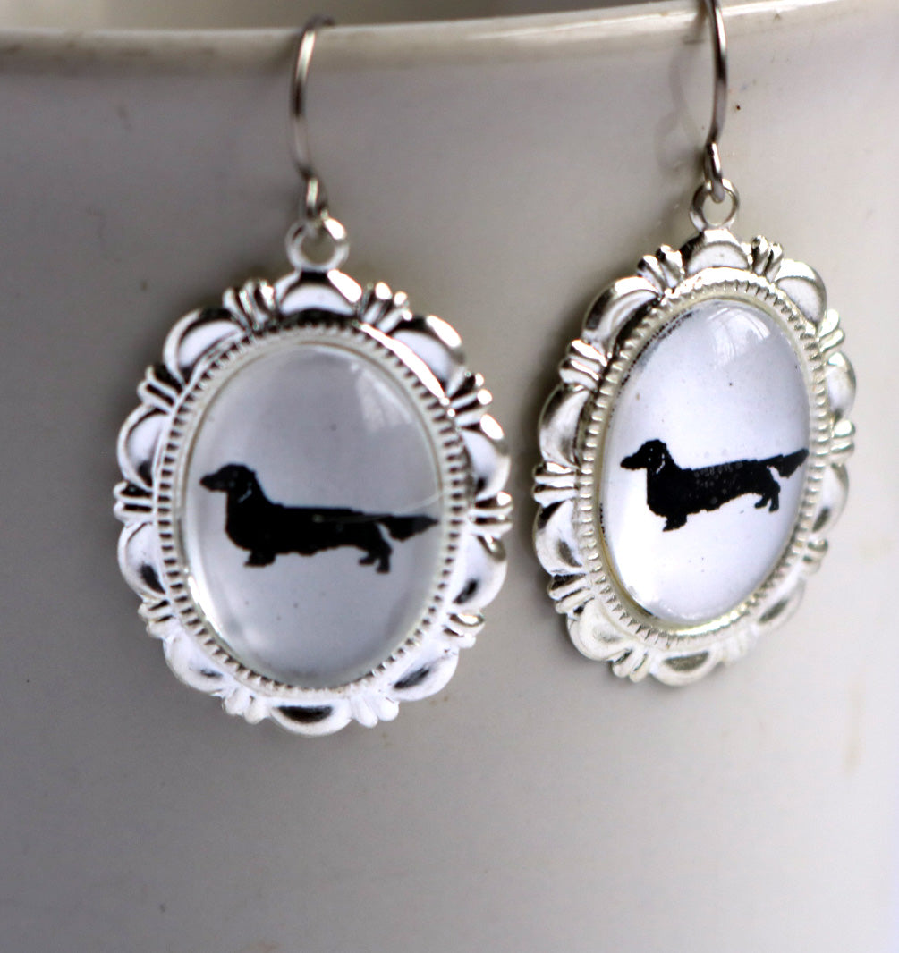 Long Haired Dachshund Dog Earrings Cameo Pierced Handmade Gifts