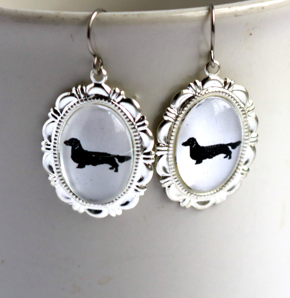 Long Haired Dachshund Dog Earrings Cameo Pierced Handmade Gifts