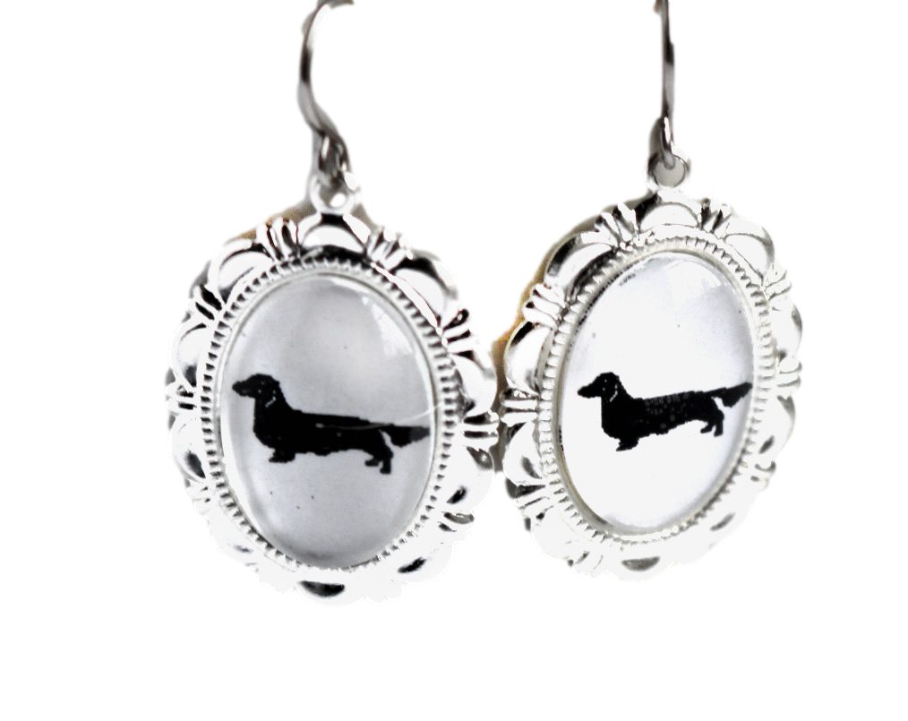 Long Haired Dachshund Dog Earrings Cameo Pierced Handmade Gifts
