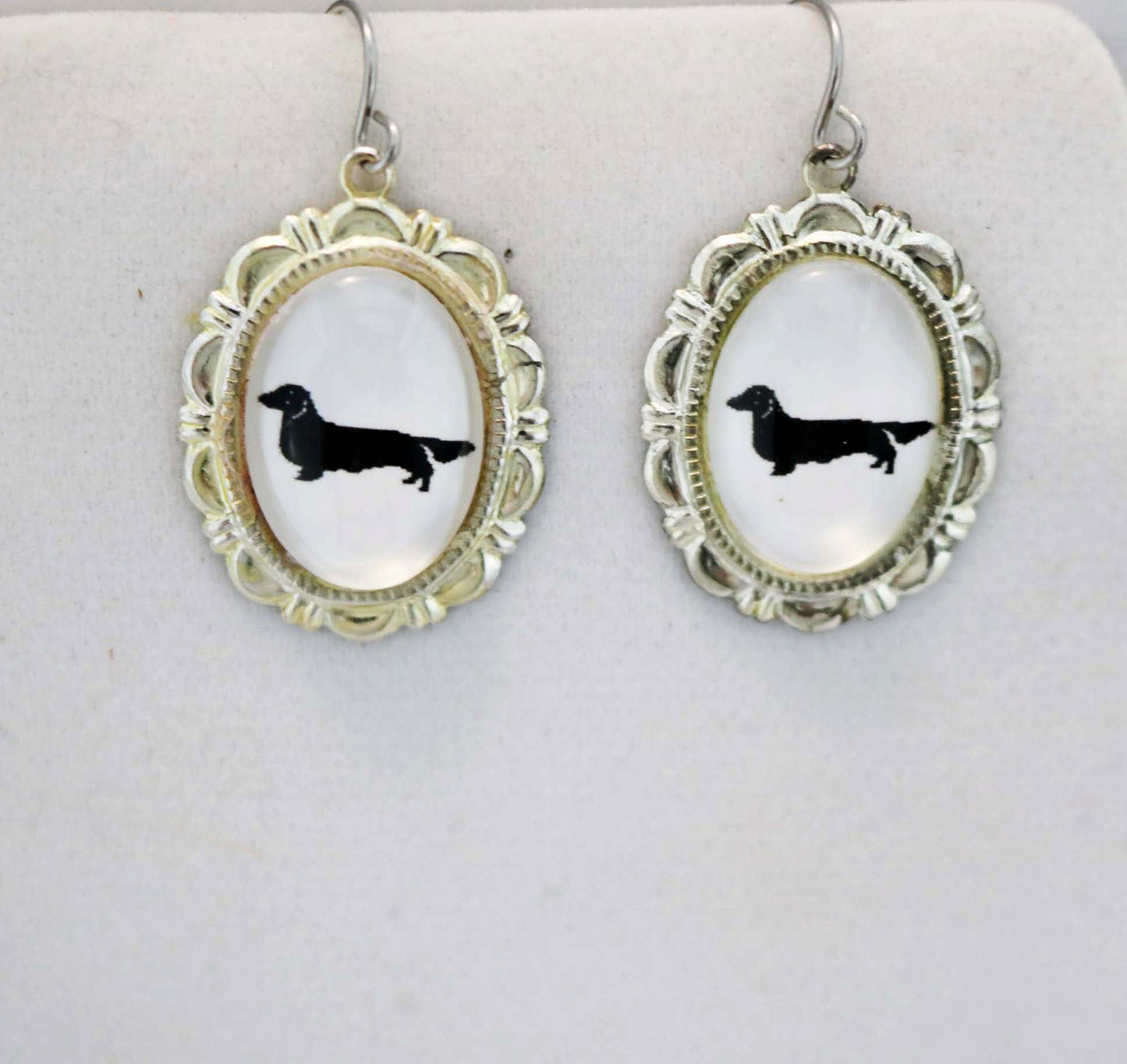 Long Haired Dachshund Dog Earrings Cameo Pierced Handmade Gifts