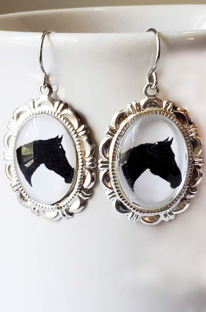 Black Horse Head Earrings Cameo Pierced Handmade Gifts