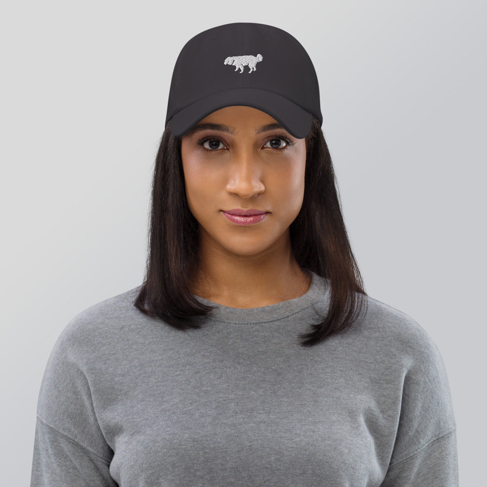 Mixed Breed Dog 1 Long Hair Ball Cap Embroidered White Silhouette