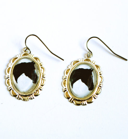 Black Horse Head Earrings Cameo Pierced Handmade Gifts
