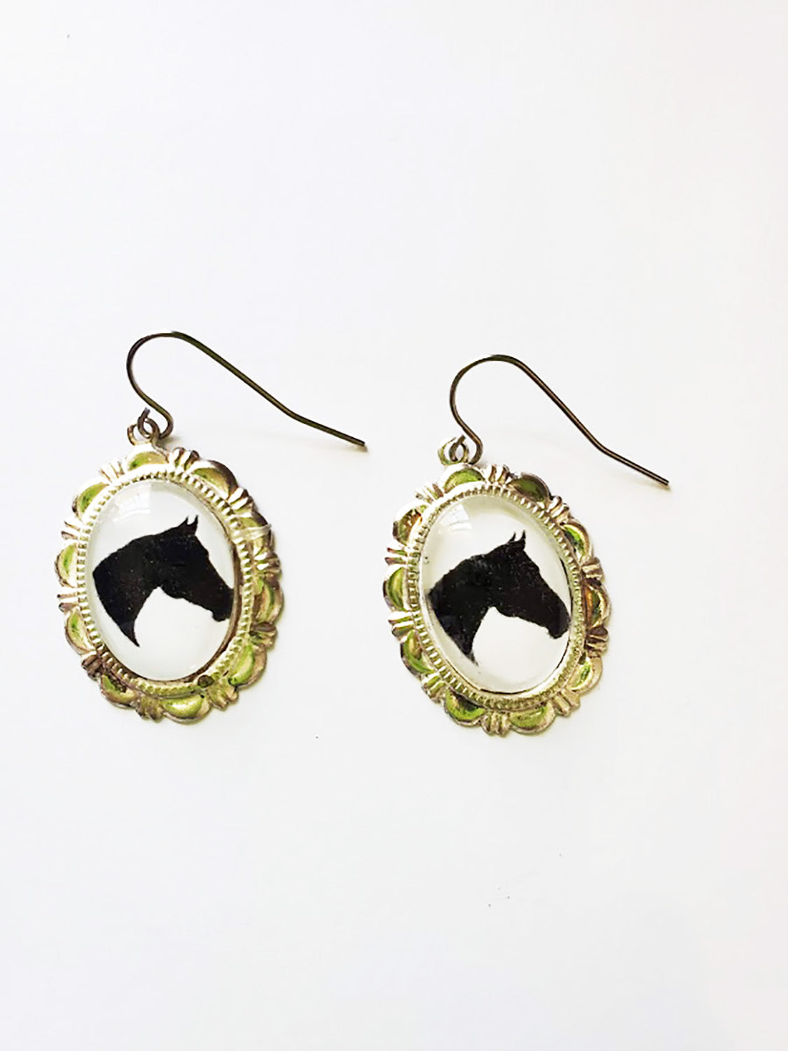 Black Horse Head Earrings Cameo Pierced Handmade Gifts